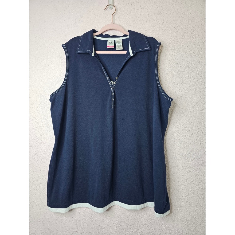 Just My Size Womens 4X Navy Blue Sleeveless Polo Shirt Snap Placket JM7231